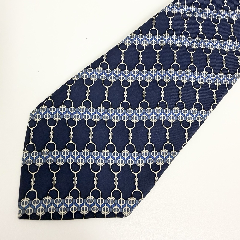 Hermes Men's Tie Chain Links Navy Blue & Khaki Silk 7077 OA 3.25" (W) x 55" (L) - Picture 5 of 8